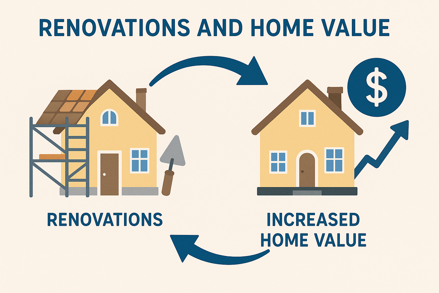 Illustration showing a house undergoing renovations on the left and the same house improved with increased value on the right, with arrows indicating that renovations lead to higher home value.