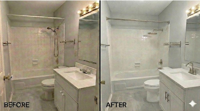 Before and after bathroom renovation showing upgraded tub surround, modern fixtures, refreshed vanity, and improved lighting.