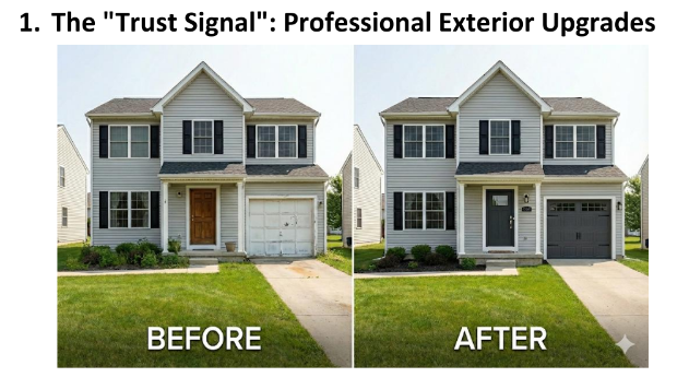 Before and after home exterior upgrade showing new garage door, front entry door, siding refresh, and improved curb appeal.