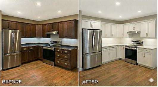Before and after kitchen renovation showing dark wood cabinets replaced with white cabinets, stainless steel appliances, and updated lighting